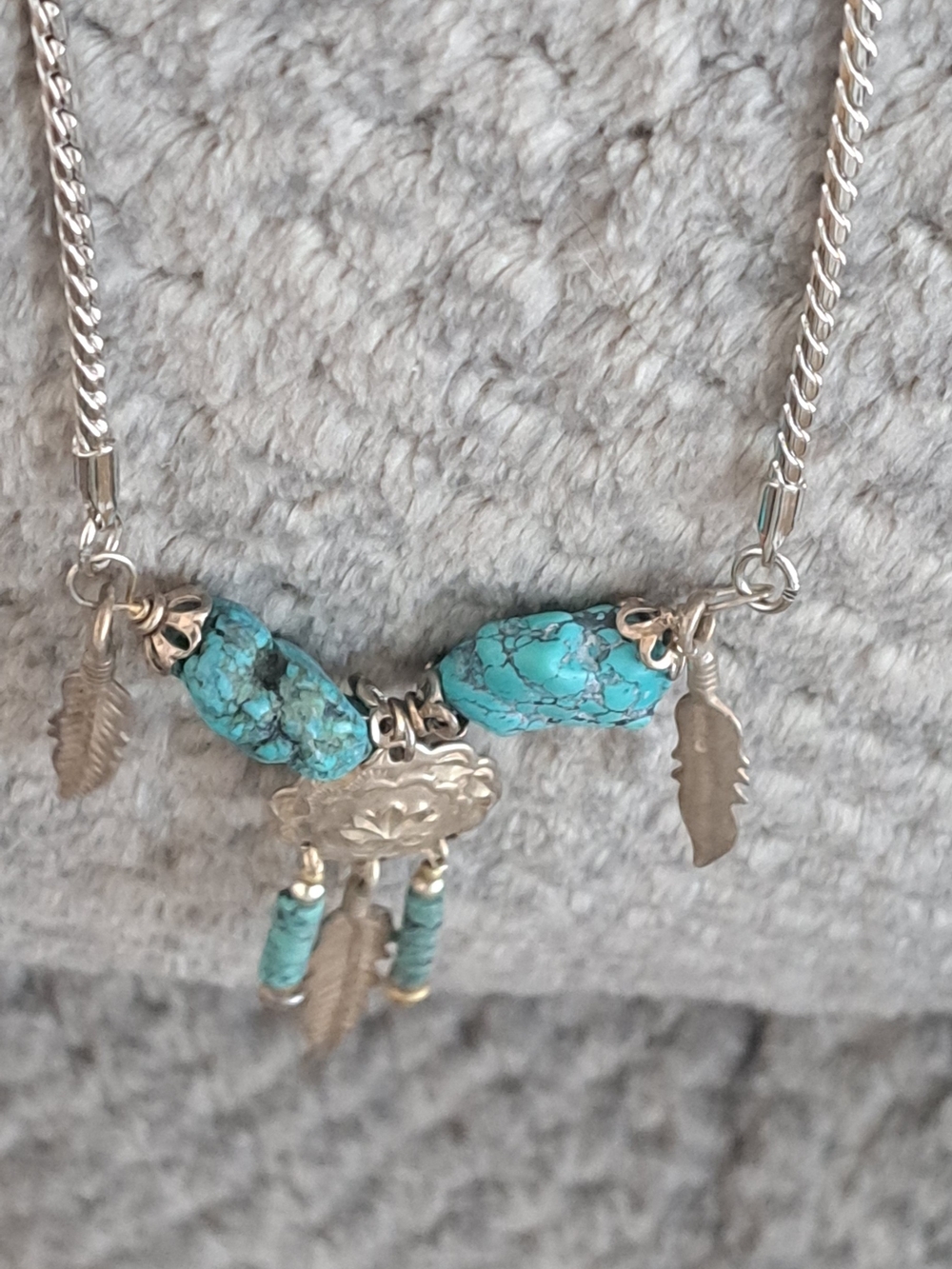 Turquoise Stone Feather Charm Silver Tone Necklace,20" chain,3" Pendant
